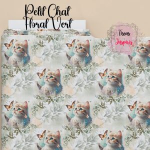 Tissu Petit Chat Floral Vert
