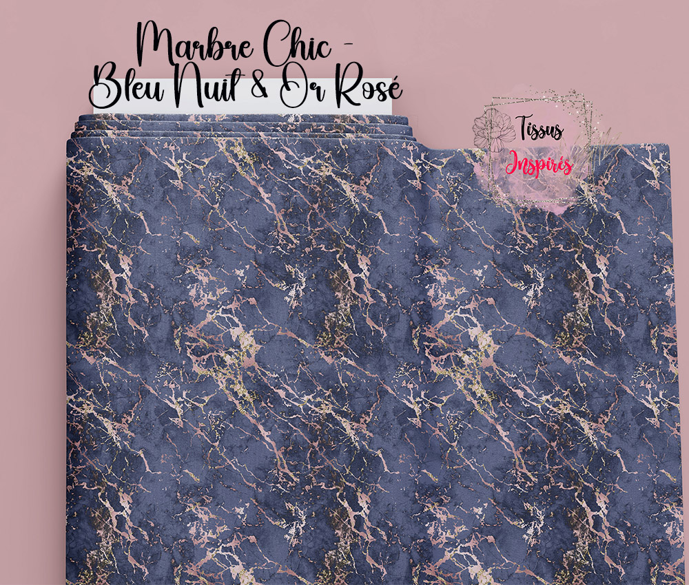 Tissu Marbre Chic – Bleu Nuit & Or Rosé