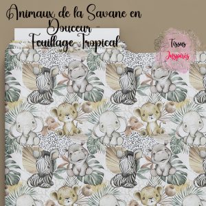 Tissu Animaux de la Savane en Douceur - Feuillage Tropical