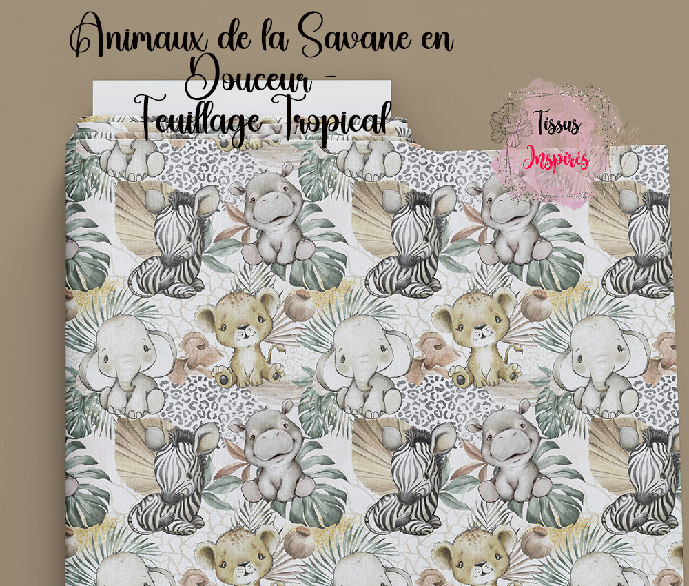 Tissu Animaux de la Savane en Douceur - Feuillage Tropical
