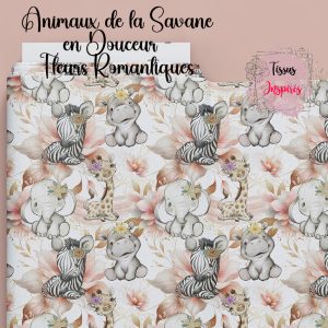 Tissu Animaux de la Savane en Douceur - Fleurs Romantiques