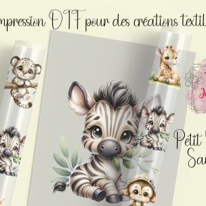 Transfert DTF "Petit Monde Sauvage" avec motifs floraux et animaliers pour personnalisation textile.