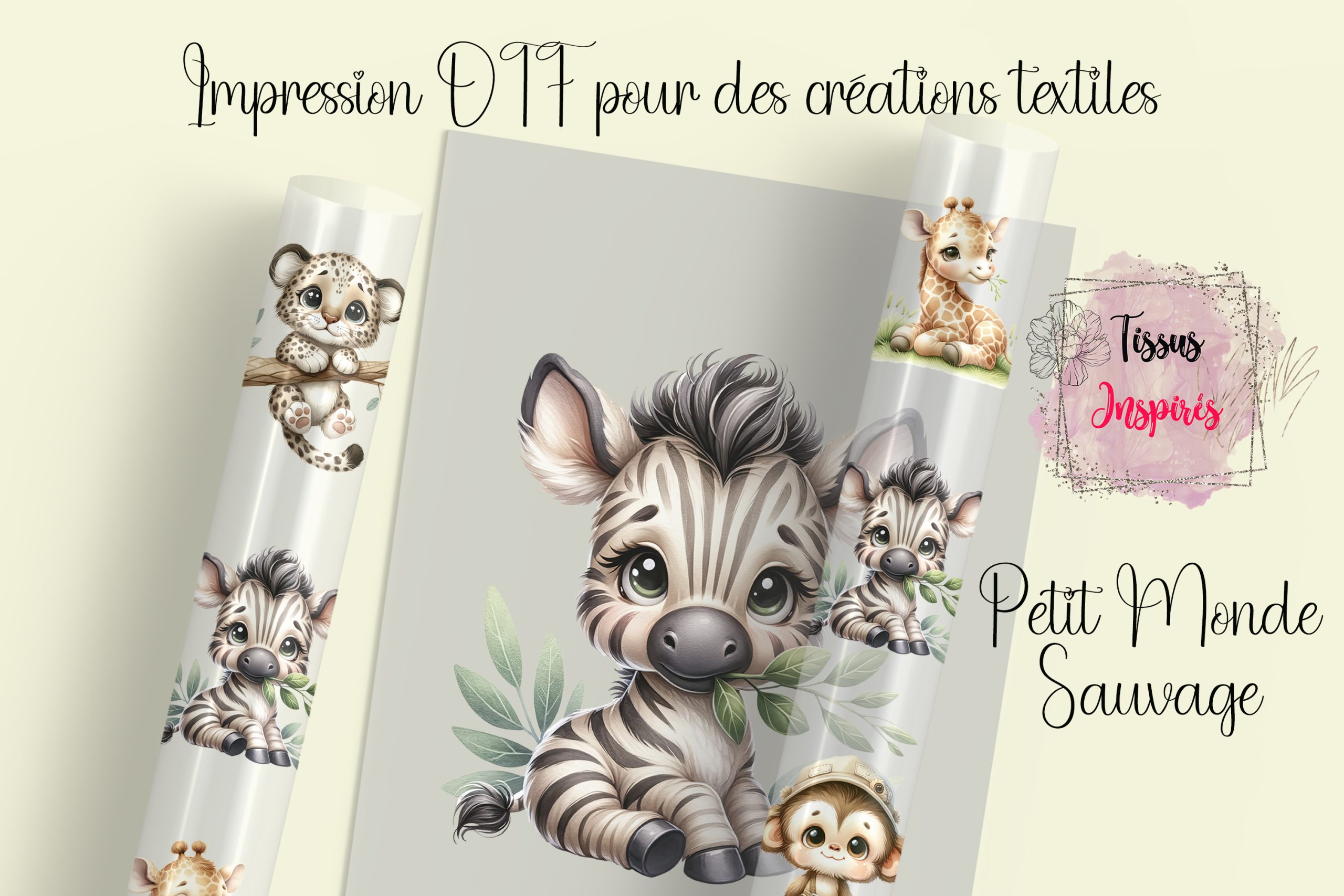 Transfert DTF "Petit Monde Sauvage" avec motifs floraux et animaliers pour personnalisation textile.