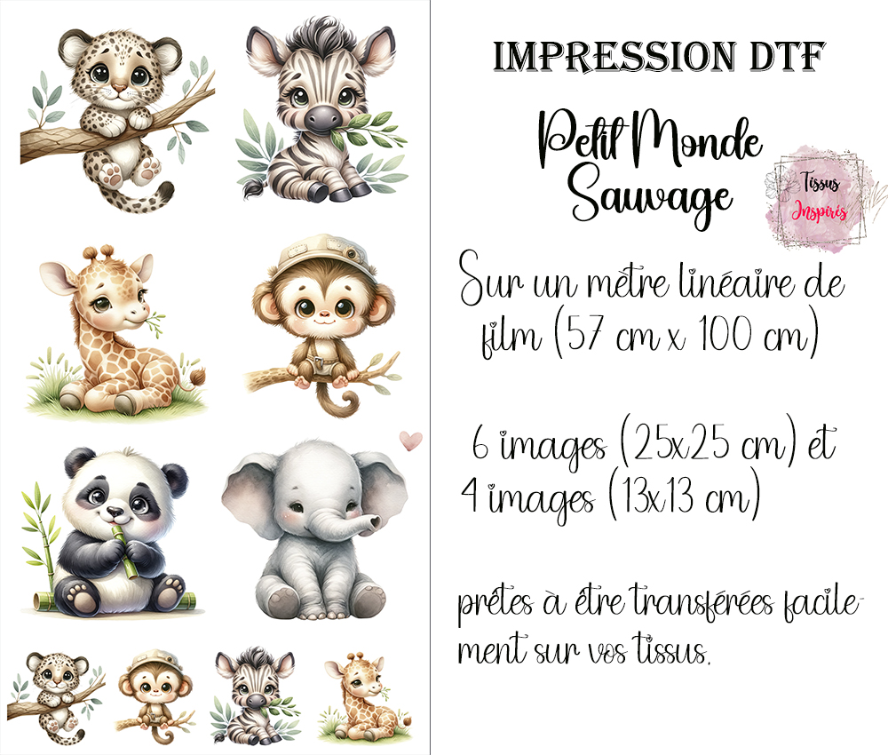 Transfert DTF "Petit Monde Sauvage" avec motifs floraux et animaliers pour personnalisation textile.