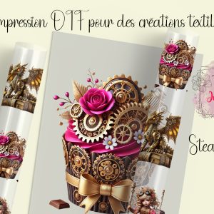 Transfert DTF Steampunk avec motifs mécaniques et industriels pour personnalisation textile.