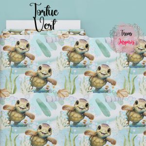 Tissu Tortue Vert avec des motifs de tortues pour personnalisation textile.