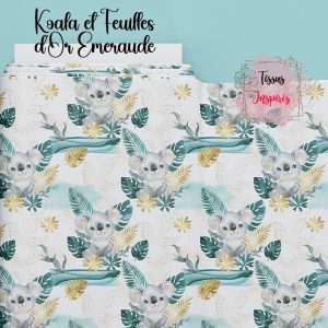 Tissu Koala et Feuilles d'Or Emeraude
